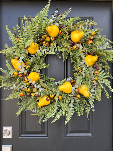 Golden Pear Fall Wreath with Life-Size Fruit - TwoInspireYou