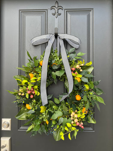 Summer Magnolia & Boxwood Wreath with Oranges and Blueberries - TwoInspireYou