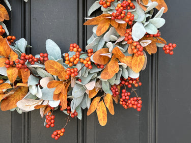 Farmhouse Fall Lamb's Ear Wreath with Orange Berry Clusters - TwoInspireYou