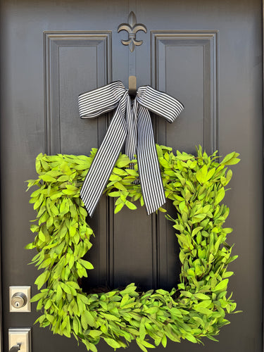 Square Green Leaf Wreath with Black and White Striped Bow - TwoInspireYou