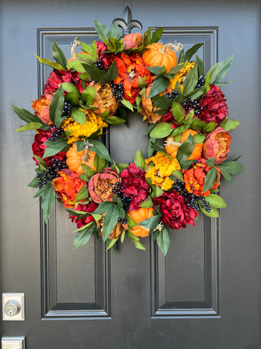 Autumn Sunset Wreath with Fall Hydrangeas, Peonies and Pumpkins - TwoInspireYou