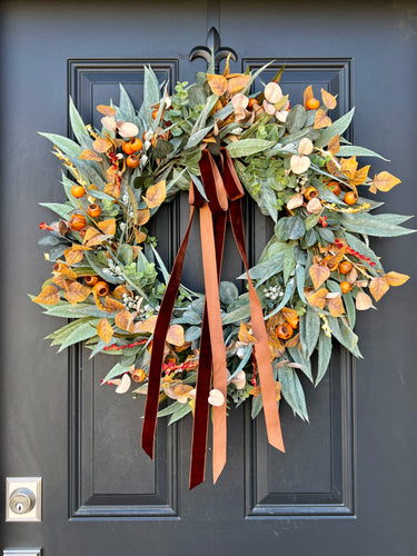 Autumn Farmhouse Bay Leaf and Eucalyptus Wreath with Velvet Ribbon - TwoInspireYou