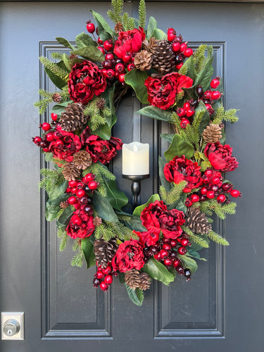 Oval Red and Green Christmas Wreath with Pinecones and Flickering Candle - TwoInspireYou