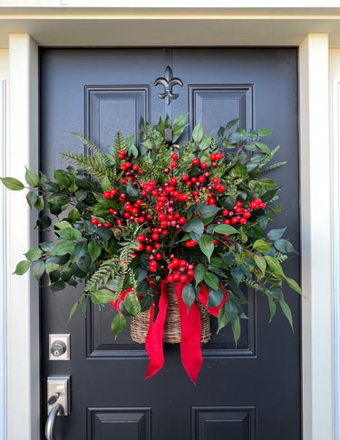 Farmhouse Winter Fern and Red Berry Door Basket - TwoInspireYou
