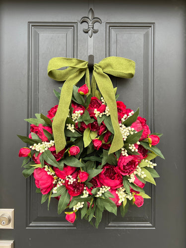 Holiday Red Peony Wreath with with Cream Berries - TwoInspireYou