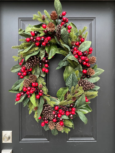 Oval Magnolia Wreath with Currant Berries and Pinecones - TwoInspireYou