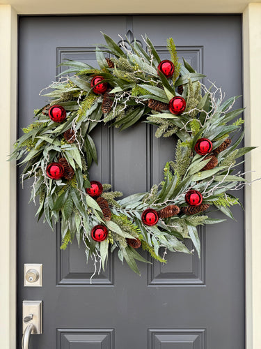 Red Ornament & Evergreen Wreath – Elegant Holiday Door Decoration - TwoInspireYou