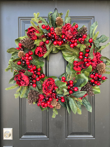 Red Peony & Magnolia Wreath with Pinecones & Berries - TwoInspireYou