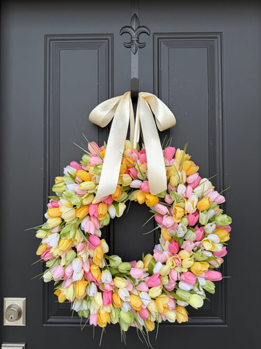 Pink and Yellow Tulip Wreath, 24" Front Door Spring Tulip Wreath - TwoInspireYou