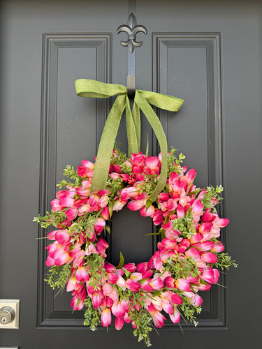 Pink Tulip Spring Wreath Front Door Floral Wreath with Greenery - TwoInspireYou