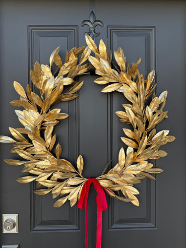 Gold Bay Leaf Wreath with Red Velvet Ribbon | Holiday Door Decor - TwoInspireYou