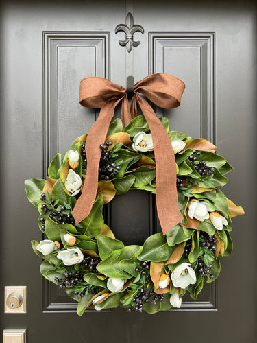 Blue Magnolia Wreath with Blue Berries and Brown Linen Ribbon - TwoInspireYou