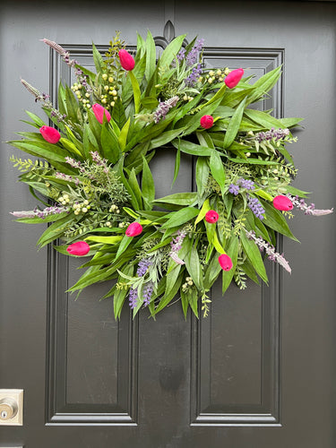 Natural Touch Pink Tulip Wreath and Bay Leaf Greenery - TwoInspireYou