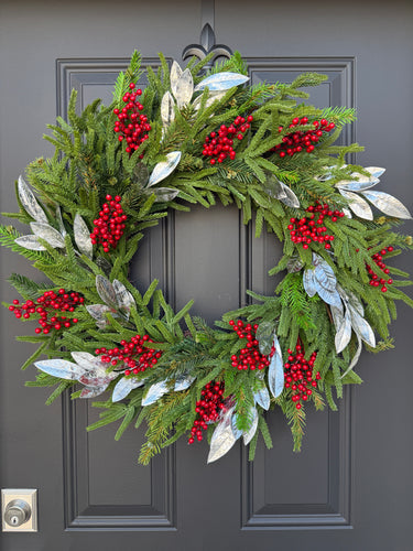 Norfolk Pine and Silver Bay Leaf Christmas Wreath | Red Berry Holiday Door Décor - TwoInspireYou
