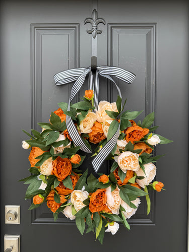 Orange and Cream Peony Wreath | Farmhouse Door Wreath | Bestseller Design - TwoInspireYou