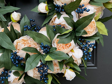 Winter Cream Peony Wreath with Blue Berries - TwoInspireYou