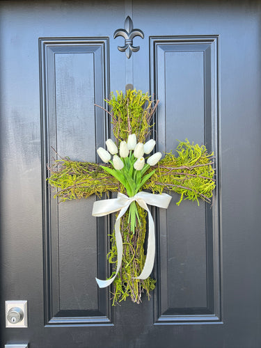 Real Touch Tulip Easter Cross Wreath - White - TwoInspireYou