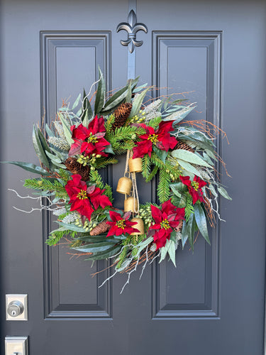 Christmas Wreath with Poinsettias, Pinecones & Gold Bells | - TwoInspireYou