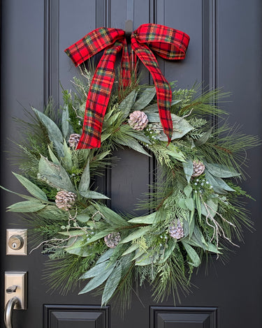 Plaid Bow Winter Eucalyptus Wreath with Frosted Pinecones | - TwoInspireYou