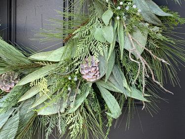 Plaid Bow Winter Eucalyptus Wreath with Frosted Pinecones | - TwoInspireYou