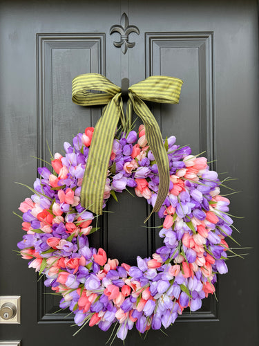 Mother's Day Purple and Peach Tulip Wreath, 24" Front Door Spring Tulip Wreath - TwoInspireYou