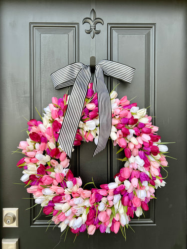24" Pink & White Spring Tulip Wreath – Faux Flowers for Indoor/Outdoor Decor, Vibrant Spring Floral Wreath - TwoInspireYou