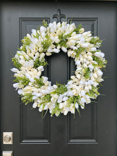 Spring Wedding Wreath - White Tulips & Boxwood - TwoInspireYou