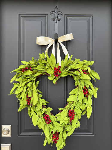 Valentine’s Day Faux Boxwood Heart Wreath with Red Berries & Ivory Bow - TwoInspireYou