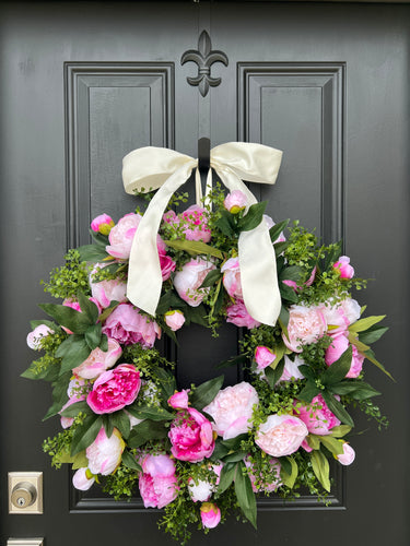 Pink Peony Wreaths 24" for Outside Front Door, Wreaths with Boxwood and Year Round Display - TwoInspireYou