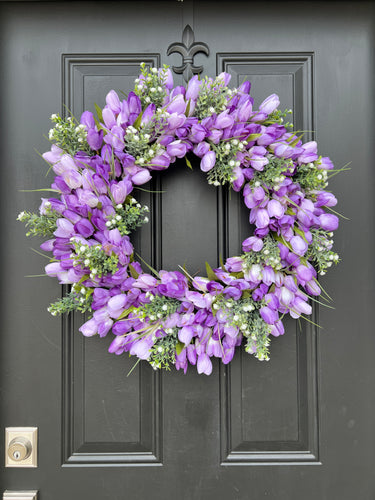 Purple Tulip Wreath with Small White Flowers, 24" Front Door Spring Tulip Wreath - TwoInspireYou