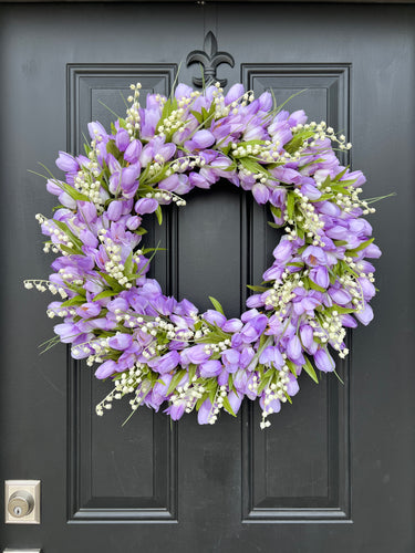 Purple Tulip Wreath with Lily of the Valley, Front Door Spring Tulip Wreath - TwoInspireYou