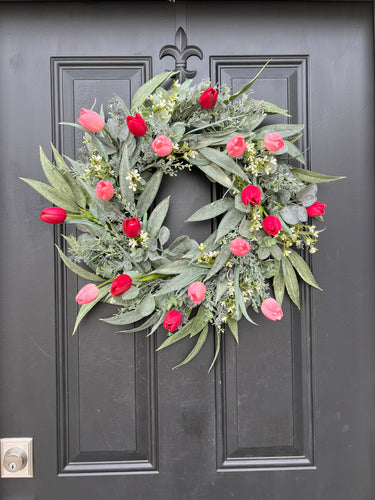 Spring Tulip Wreath for Front Door, Pink and Red Tulip Bouquet, Valentine's Day Wreath & Gifts for Her - TwoInspireYou