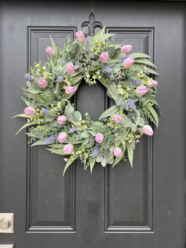 Purple Tulip Wreath for Front Door, Spring Tulips for Porch, Decor with Lavender - TwoInspireYou