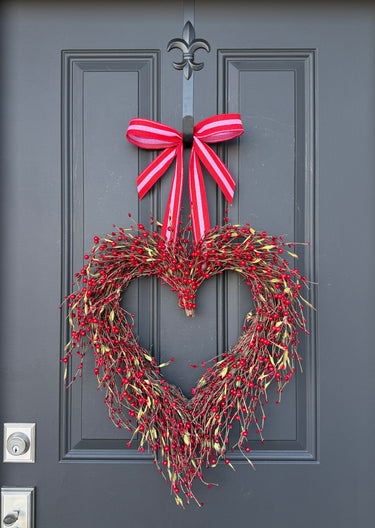 Red Twig Heart Wreath with Striped Ribbon - TwoInspireYou