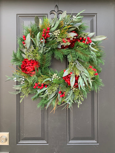 Red Peony & Eucalyptus Winter Wreath – Elegant Holiday Door Decor | - TwoInspireYou