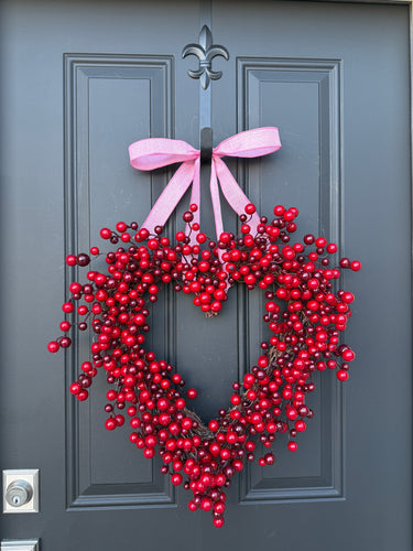 Red Berry Heart Wreath with Pink Ribbon - TwoInspireYou