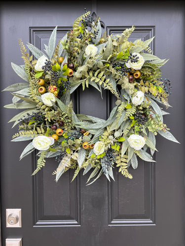 Year Round Bay Leaf, Rosehip and Fern Wreath with White Ranunculus and Blueberries - TwoInspireYou