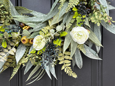 Year Round Bay Leaf, Rosehip and Fern Wreath with White Ranunculus and Blueberries - TwoInspireYou