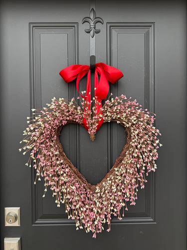 Pink and White Berry Heart Wreath with Red Ribbon Accent - TwoInspireYou