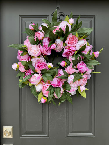 Pink Bubblegum Peony Wreath – Spring Wreath with Lush Peony Leaves - TwoInspireYou
