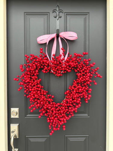 Large Weatherproof Red Berry Heart Wreath with Pink Ribbon - TwoInspireYou