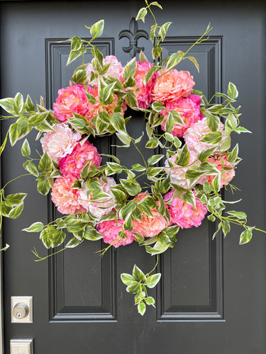 Summer Lush Pink Peony Wreath with Cascading Variegated Greenery - TwoInspireYou
