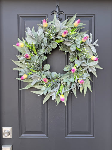 Bay Leaf, Eucalyptus & Tulip Wreath with Lamb's Ear – Spring Wreath - TwoInspireYou