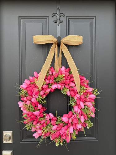 Pink Tulip Wreath with Boxwood & Burlap Bow – Spring Door Wreath 24" - TwoInspireYou