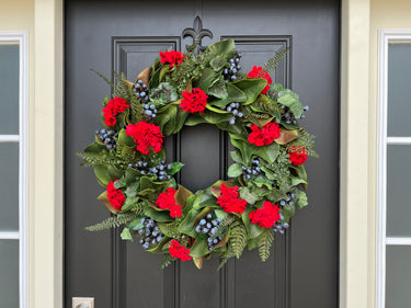 Red Geranium and Magnolia Wreath with Fern and Blueberries - TwoInspireYou