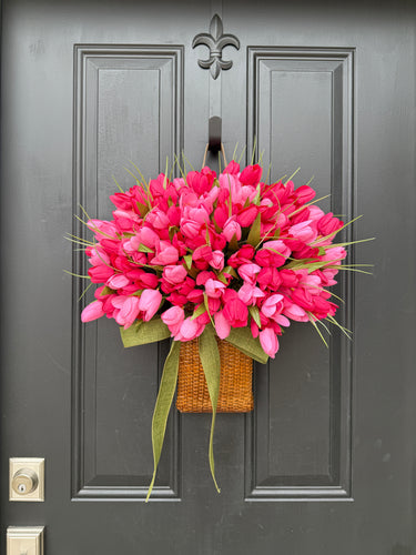 Front Door Tulip Basket for Spring - Pretty Pink Tulip Basket for Mother's Day Gift Giving - TwoInspireYou