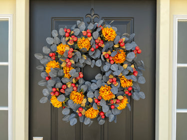 Blue Eucalyptus Fall Wreath with Golden Mums and Orange Pods - TwoInspireYou