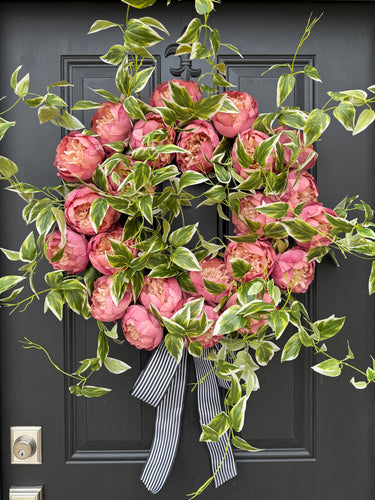 Pink Garden Peony Wreath with Cascading Variegated Greenery - TwoInspireYou