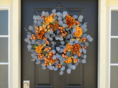 Blue Eucalyptus Autumn Wreath with Brown Mums and Pods - TwoInspireYou