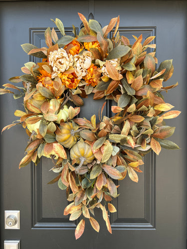 Autumn Cascading Foliage Wreath with Pumpkins and Fall Flowers - TwoInspireYou